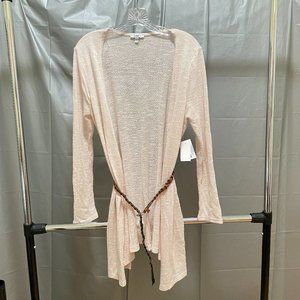 A.U.W. Long Cardigan (Pale Pink) Thin Knit (w/ brown braided belt) NEW & UNWORN